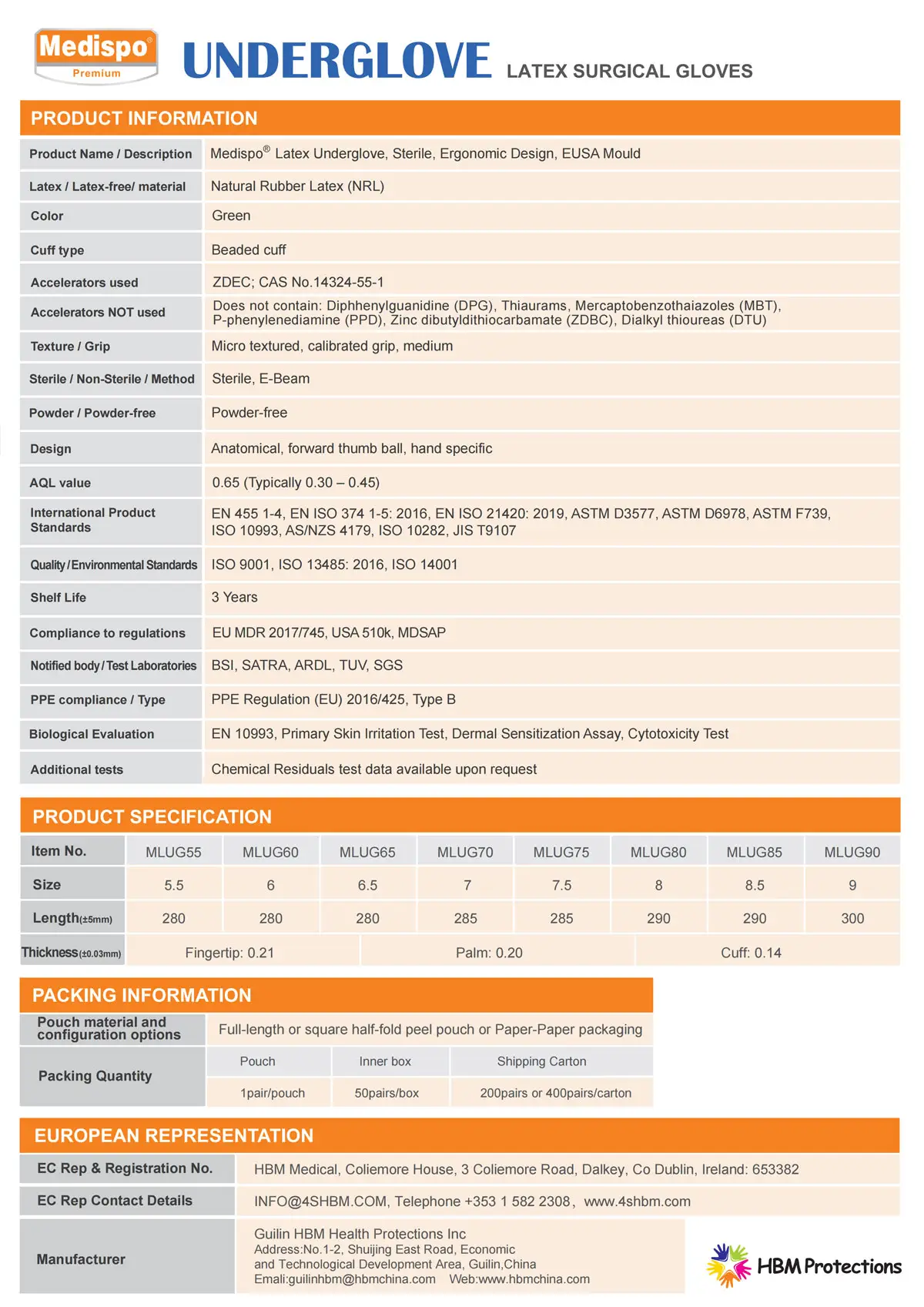 Medispo latex undergloves specification table sizes 5.5–9.0, length 250–280mm, green, powder-free, sterile, AQL 0.65, EN455 compliance