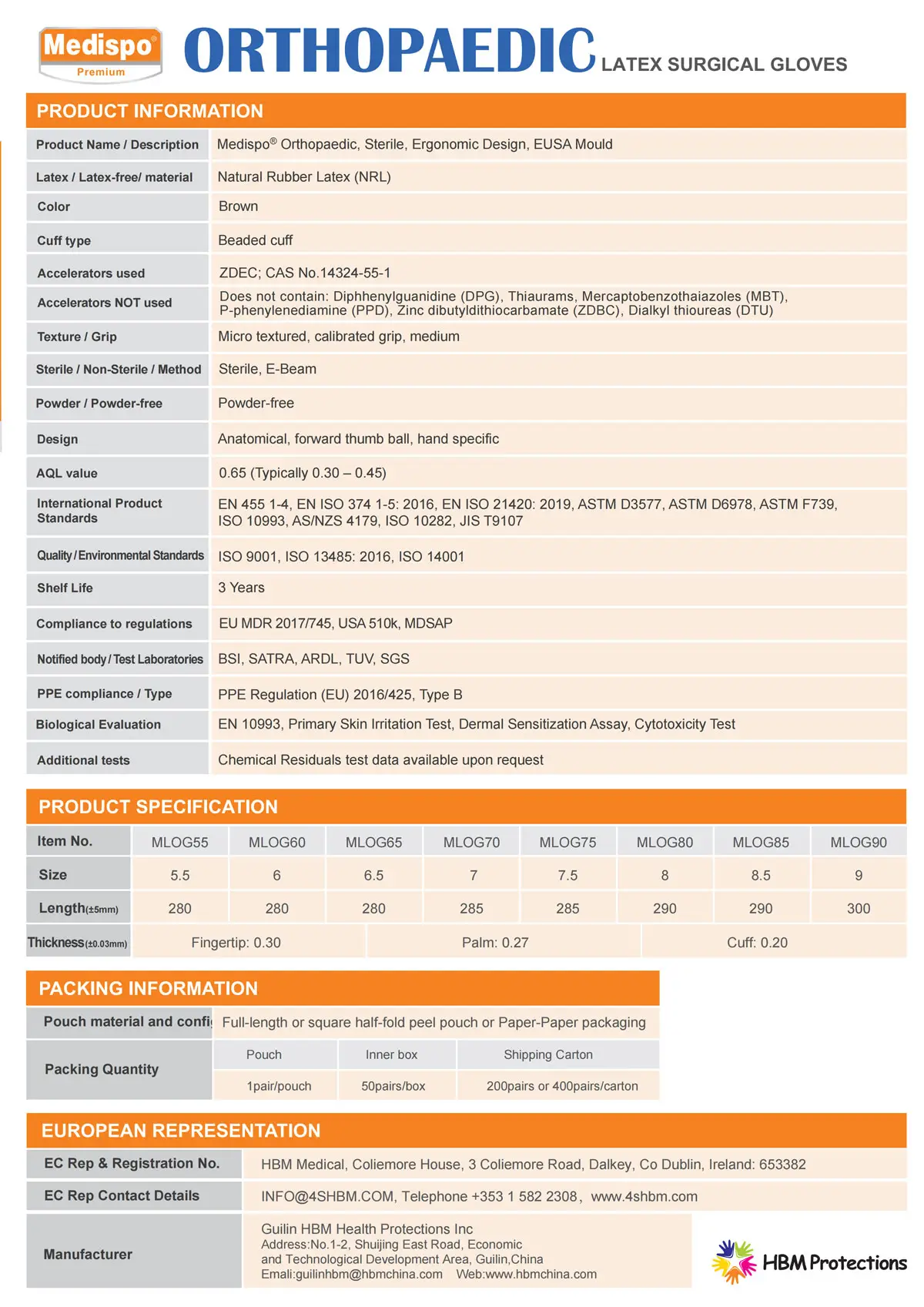 Medispo orthopaedic latex gloves specification table sizes 5.5–9.0, length 250–280mm, middle finger 0.30mm, palm 0.27mm, cuff 0.20mm, brown, powder-free, sterile, AQL 0.65, EN455 compliance