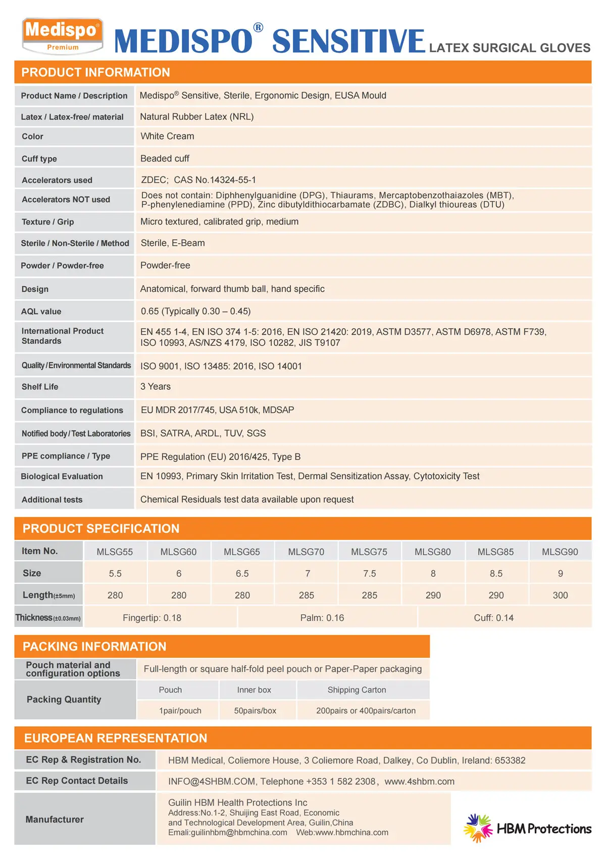 Medispo sensitive latex gloves specification table: sizes 5.5–9.0, length 250–280mm, middle finger 0.18mm, palm 0.16mm, cuff 0.14mm, white cream, powder-free, sterile, AQL 0.65, EN455 compliance