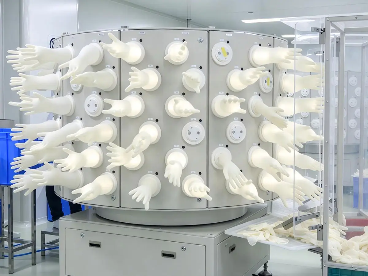 100% air leak testing of sterile surgical gloves before packaging