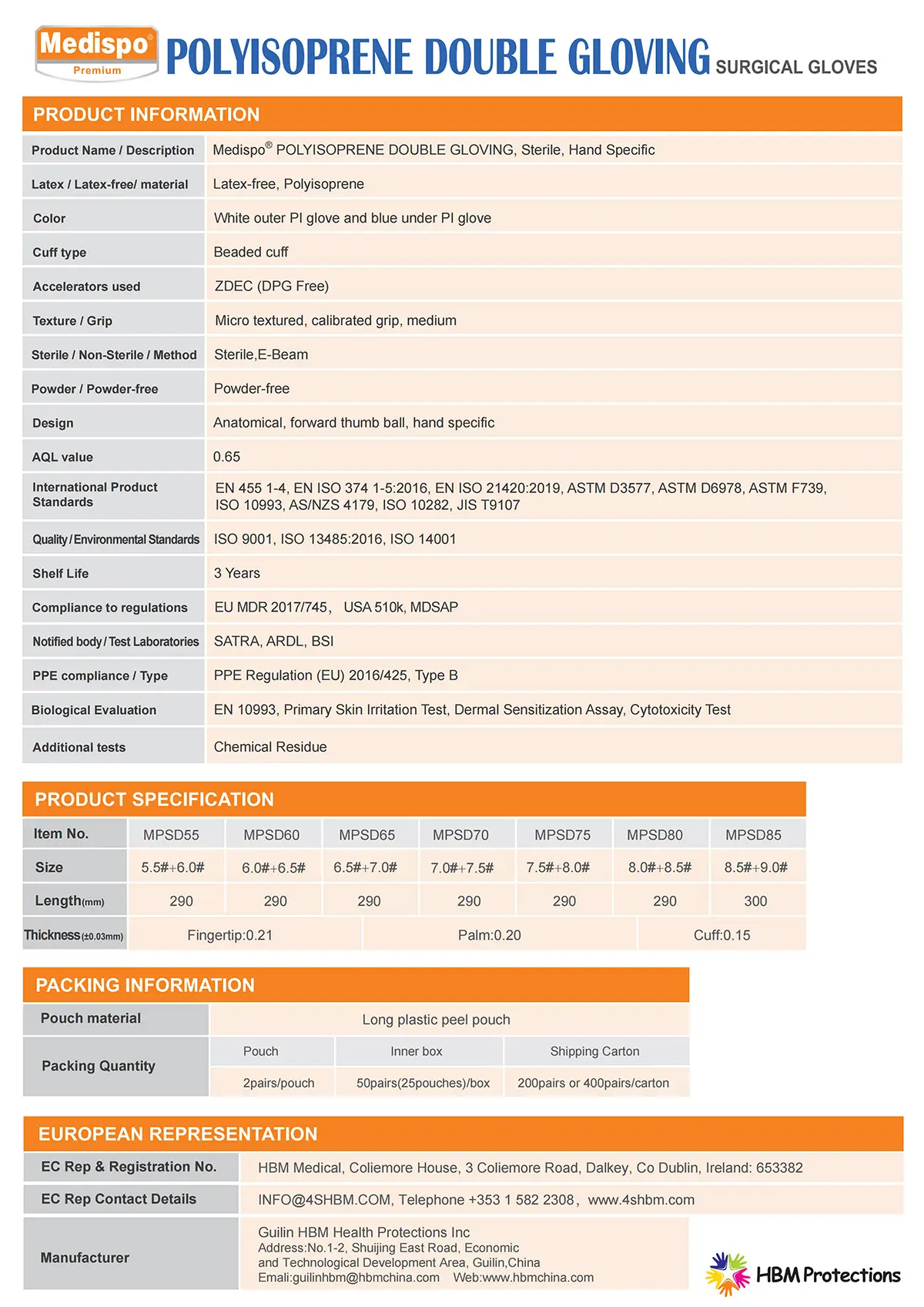 Medispo polyisoprene double gloving specification table outer glove size 5.5–9.0, underglove ½ size larger, length 290mm, powder-free, sterile, AQL 0.65, EN455 compliance