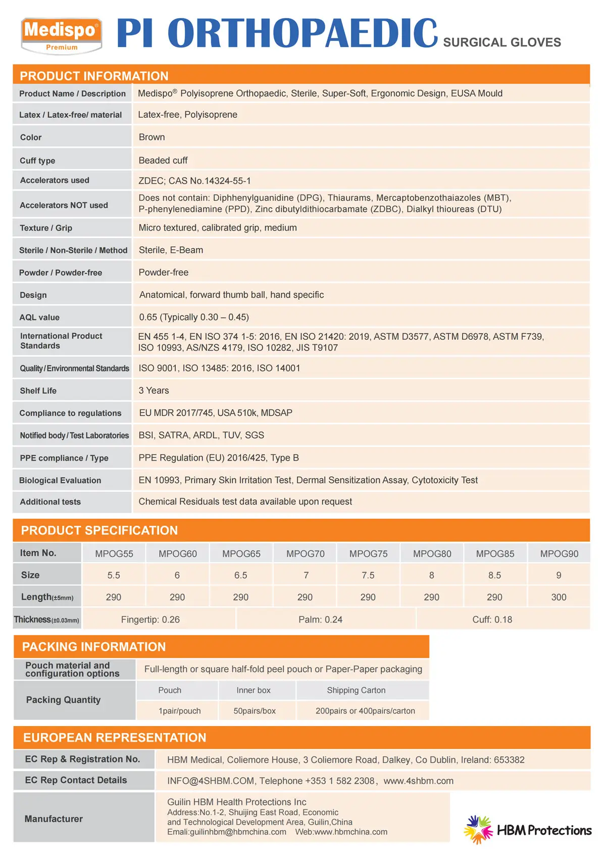 Medispo orthopaedic polyisoprene gloves specification table sizes 5.5–9.0, length 290–300mm, fingertip 0.26mm, palm 0.24mm, cuff 0.18mm, dark brown, powder-free, sterile, AQL 0.65, EN455 compliance