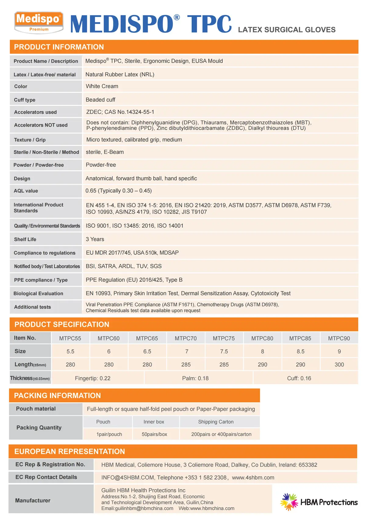 Medispo TPC latex surgical gloves specification table sizes 5.5–9.0, length 250–280mm, middle finger 0.22mm, palm 0.18mm, cuff 0.16mm, white cream, powder-free, sterile, AQL 0.65, EN455 compliance