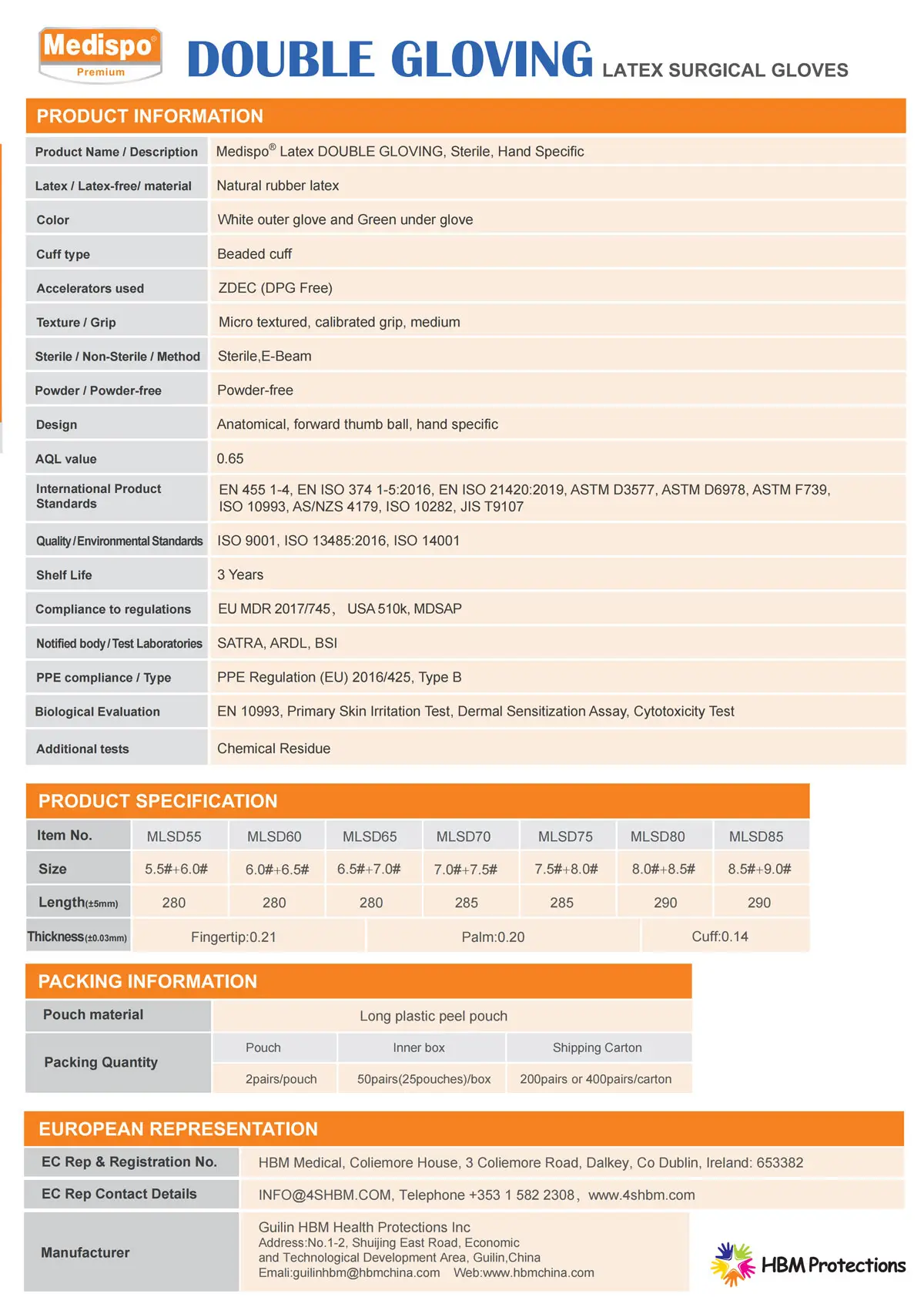 Medispo latex double gloving specification table: outer glove sizes 5.5–9.0, underglove ½ size larger, length 280–290mm, fingertip 0.21mm, white outer + green underglove, powder-free, sterile, AQL 0.65, EN455 compliance