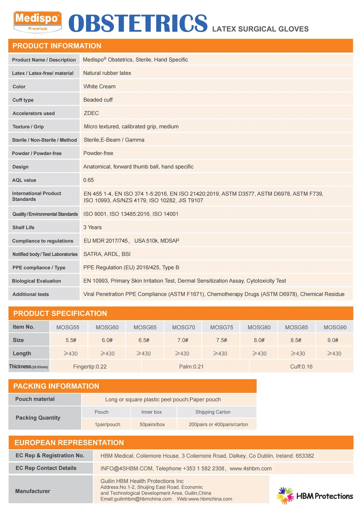 Medispo obstetrics latex gloves specification table sizes 5.5–9.0, length ≥430mm, fingertip 0.22mm, palm 0.21mm, cuff 0.16mm, white cream, powder-free, sterile, AQL 0.65, EN455 compliance
