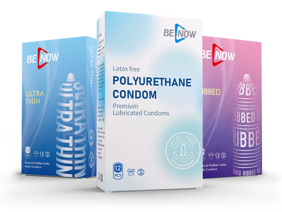 BENOW condom product range including latex-free polyurethane, ultra-thin and ribbed variants
