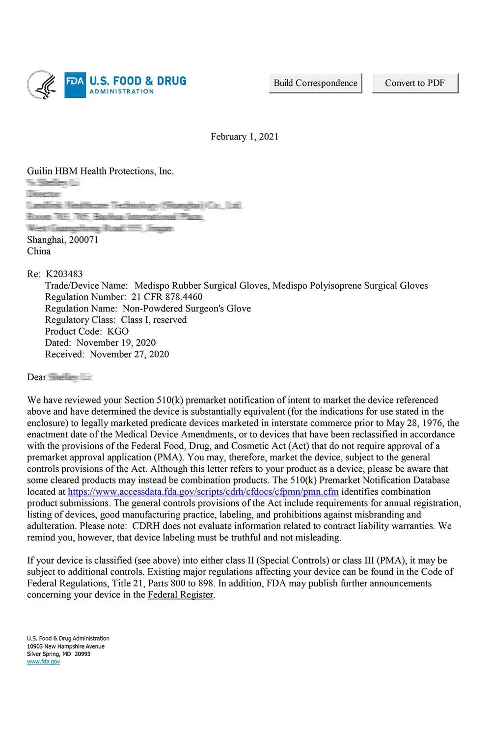FDA 510 (k) clearance letter K203483 for Medispo rubber and polyisoprene surgical gloves