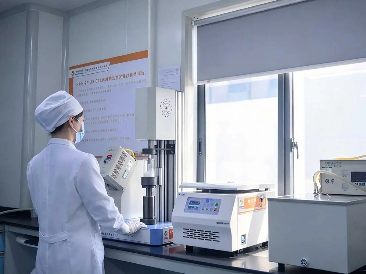 QC technician inspecting surgical glove samples in HBM Protections laboratory