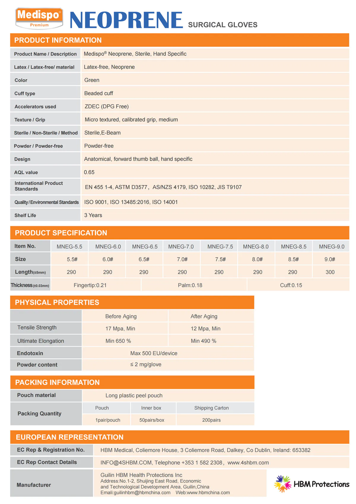 Medispo neoprene surgical gloves specification table: sizes 5.5–9.0, length 290–300mm, fingertip 0.21mm, palm 0.18mm, cuff 0.15mm, green, powder-free, sterile, AQL 0.65, EN455 compliance