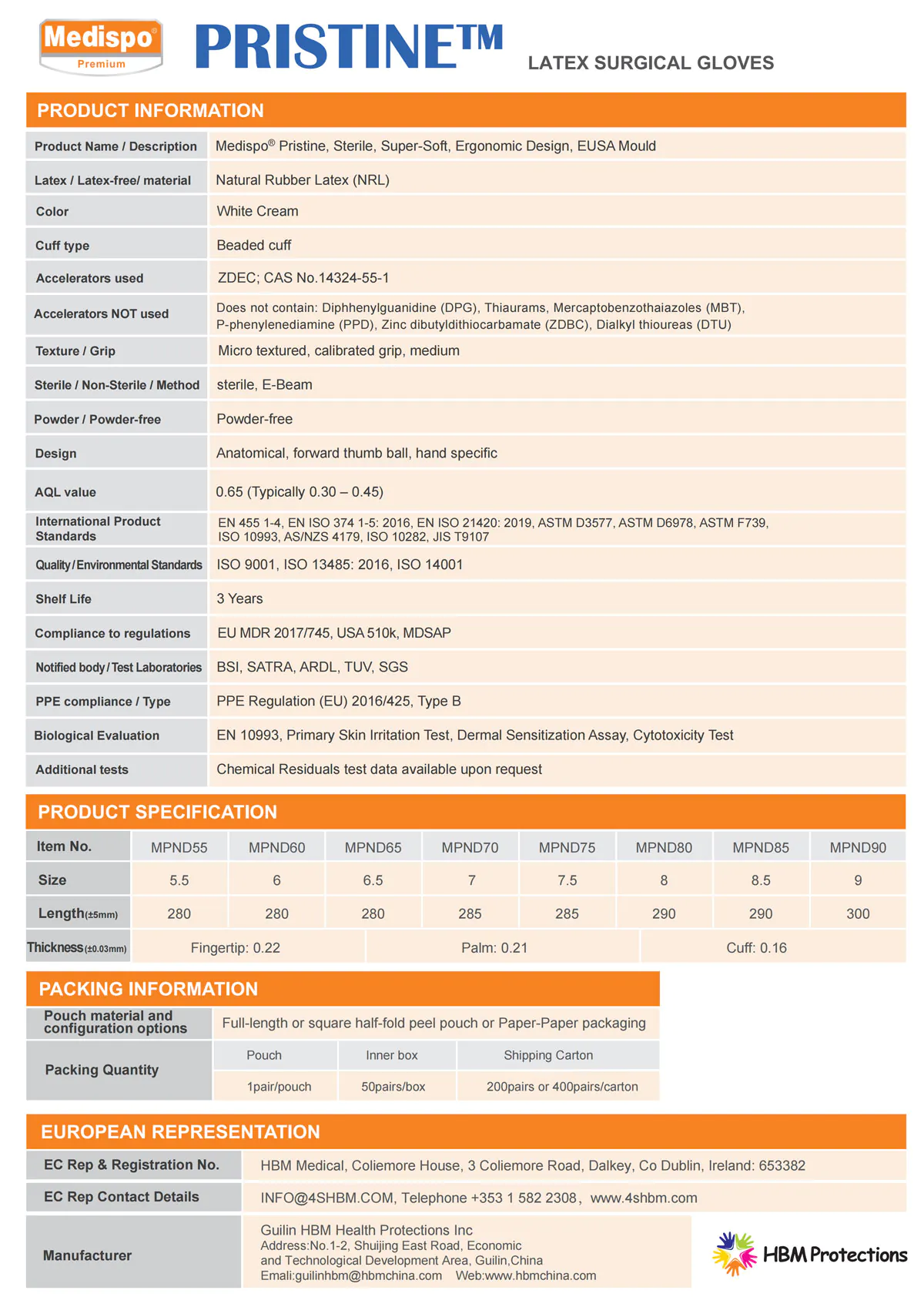 Medispo Pristine latex gloves specification table sizes 5.5–9.0, length 280–300mm, fingertip 0.22mm, palm 0.21mm, cuff 0.16mm, white cream, powder-free, sterile, AQL 0.65, EN455 compliance