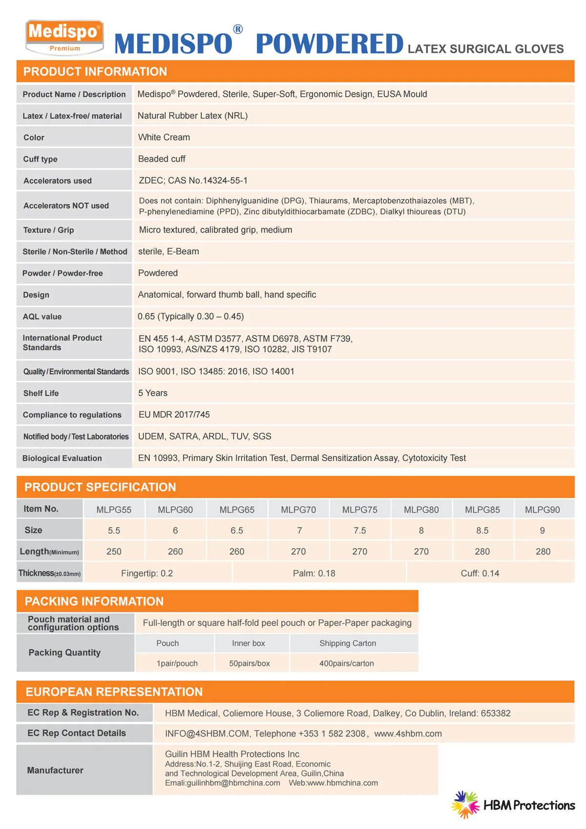 Medispo powdered latex gloves specification table sizes 5.5–9.0, length 250–280mm, fingertip 0.18mm, palm 0.16mm, cuff 0.13mm, white, powdered with USP corn starch, sterile, AQL 0.65, EN455 compliance