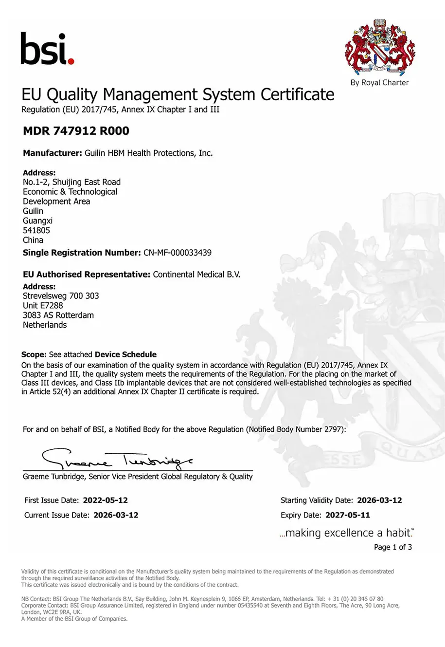BSI EU MDR quality management certificate for Guilin HBM Health Protections, certificate MDR 747912 R000
