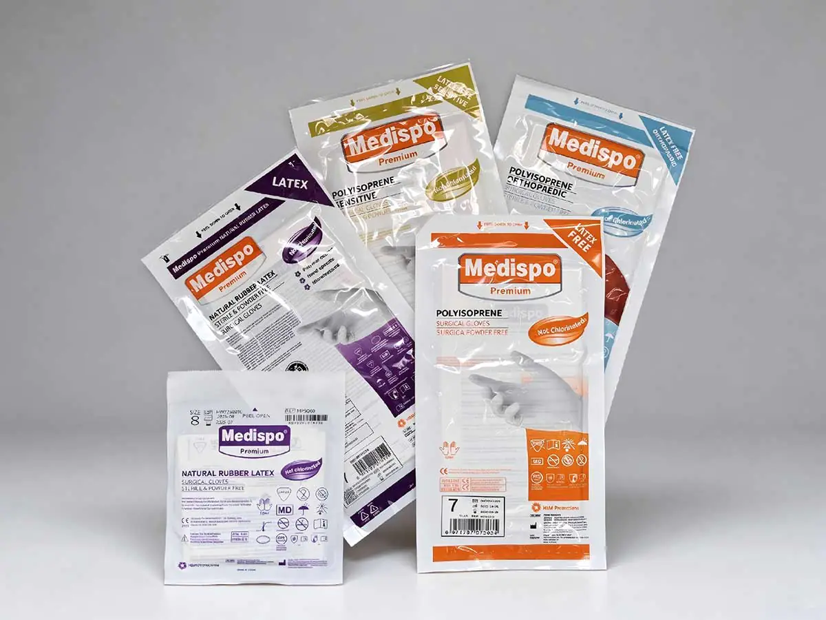 Medispo latex and polyisoprene surgical gloves