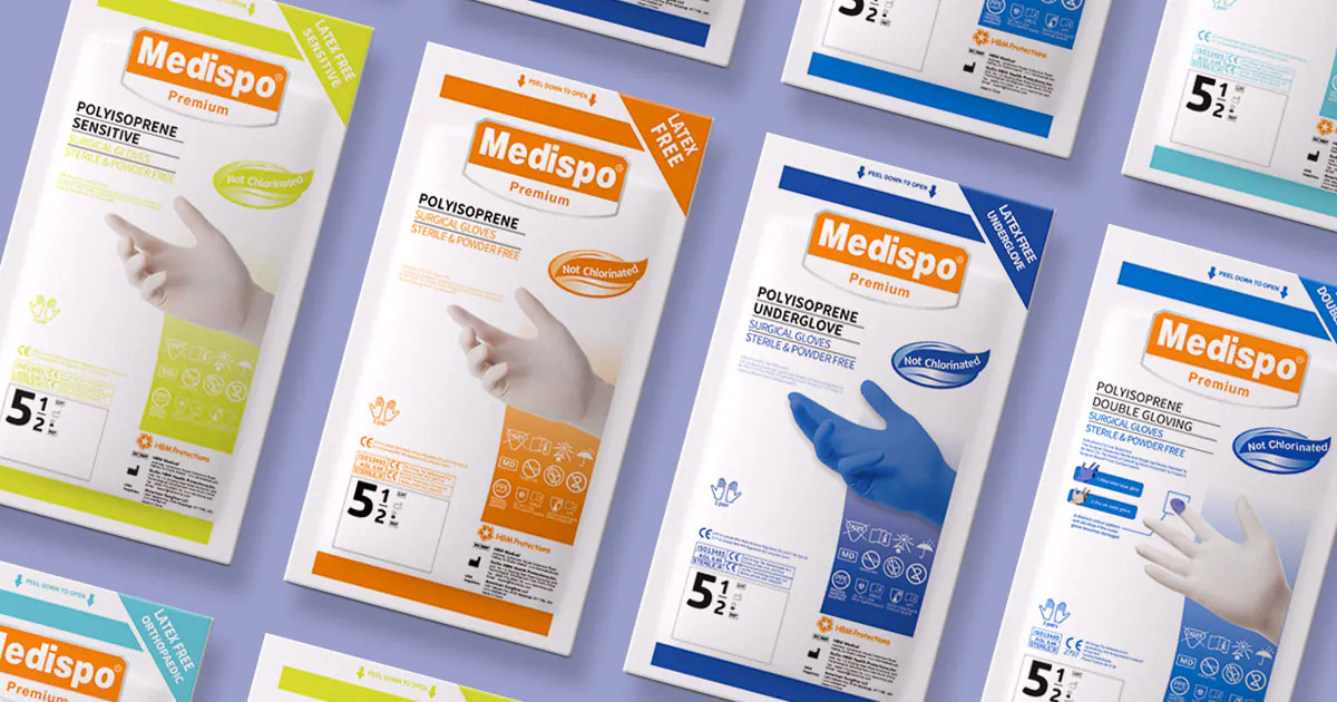 Medispo surgical glove pouches illustrating packaging options for OEM and private label projects.