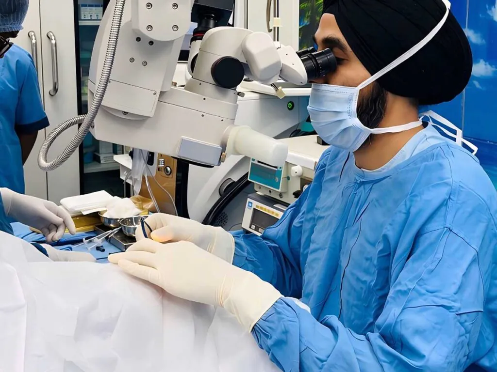 Surgeon performing microsurgery through an operating microscope while wearing sterile Medispo surgical gloves