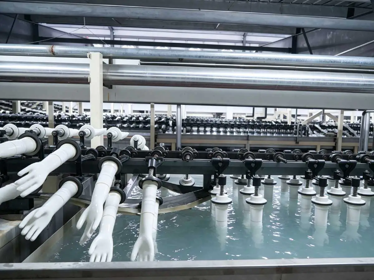 Surgical glove hand molds dipping in coagulant tank at HBM production line