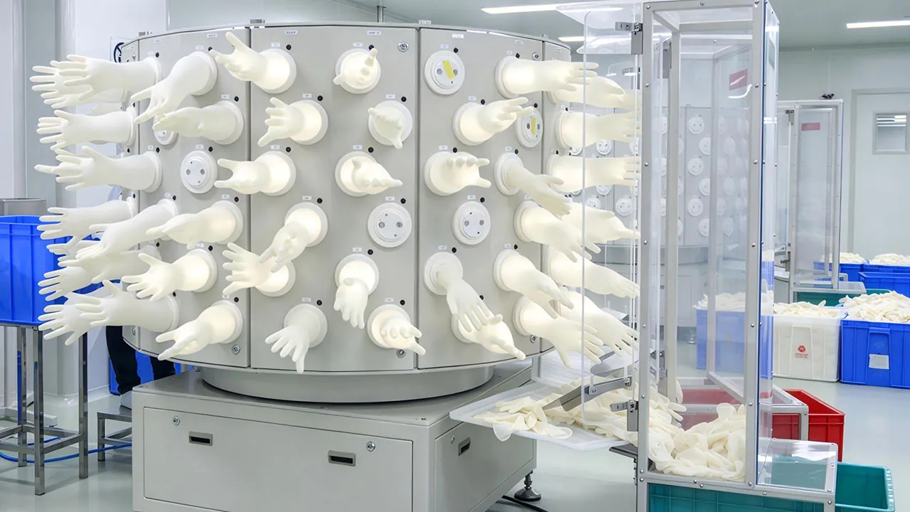 Surgical gloves inflated on air testing equipment at HBM Protections